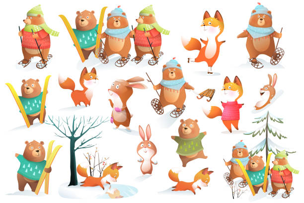 ilustraciones, imágenes clip art, dibujos animados e iconos de stock de oso, zorro y conejos esquiando y patinando en invierno - mono ski