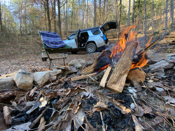 istock Campfire close up in overlanding campsite 1364119085