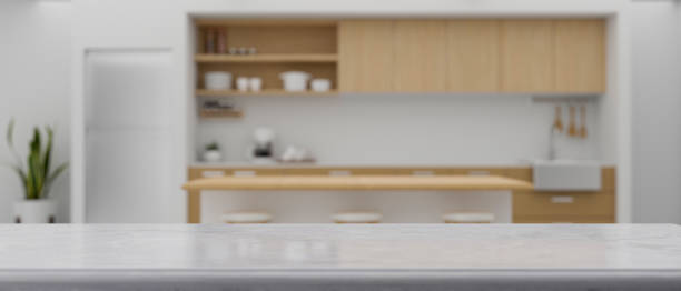 istock Modern contemporary white and wooden kitchen interior design 1364125222