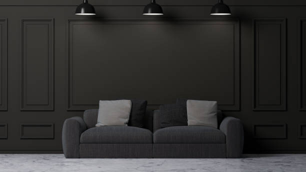 istock Modern stylish dark living room interior with cozy dark grey sofa 1364125236