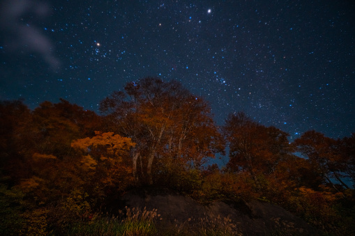 Starry night sky from the mountain ridge in autumn, November 2021