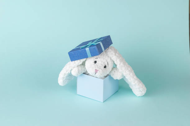 istock A white knitted bunny peeking out of a gift box on a blue background. 1364127429
