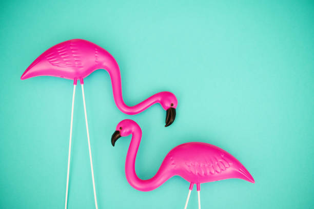 coppia di fenicotteri di plastica rosa brillante su un vibrante sfondo verde acqua con spazio di copia - plastic flamingo foto e immagini stock