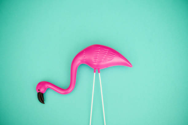 istock Bright pink plastic flamingo on a vibrant teal background with copy space 1364129332