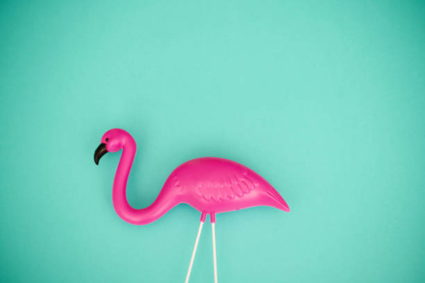 istock Bright pink plastic flamingo on a vibrant teal background with copy space 1364129349