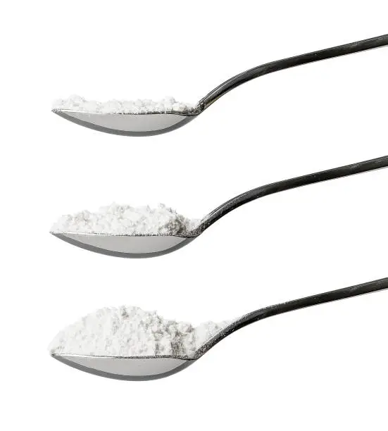 Set of three teaspoons of refined white flour showing side view of level, rounded and heaped measurements isolated on a white background