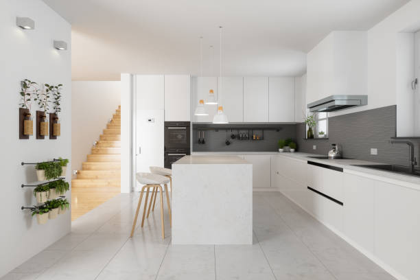 istock Modern Kitchen Interior With White Cabinets, Kitchen Island, Stools And Staircase In Corridor 1364134011
