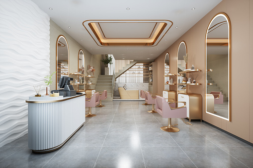 Interior Of Luxury Hairdressing And Beauty Salon With Pink Chairs, Mirrors, Tiled Floor And Cash Register