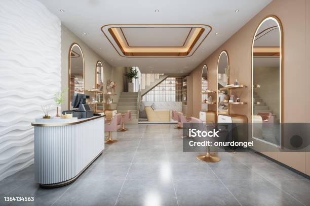 Interior Of Luxury Hairdressing And Beauty Salon With Pink Chairs Mirrors Tiled Floor And Cash Register Stock Photo - Download Image Now