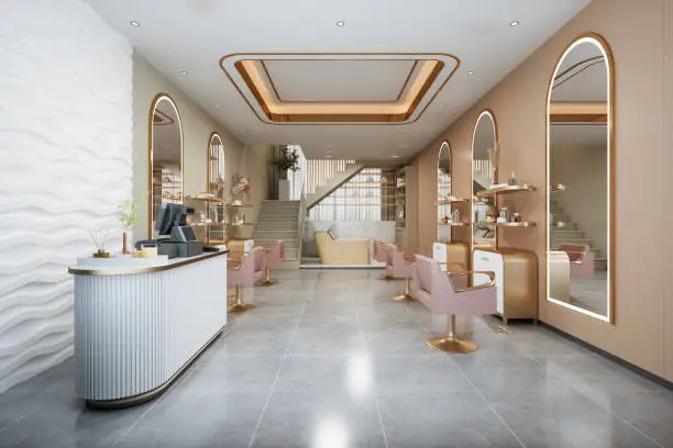 Photo of Interior Of Luxury Hairdressing And Beauty Salon With Pink Chairs, Mirrors, Tiled Floor And Cash Register