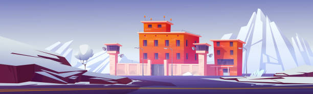 Prison, jail with fence and watchtowers in winter Prison, jail with fence, red brick walls and watchtowers in winter. Vector cartoon landscape with building for guard prisoners and criminal convicts, white mountains and snow lookout tower stock illustrations