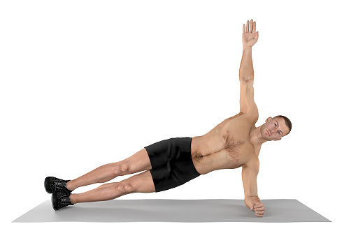 Illustration 3D of a fit man, doing side plank exercise. Great to be used in medicine works and health. Isolated on a white background.