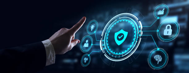 istock Cyber security data protection business technology privacy concept. Young businessman  select the icon security on the virtual display. 1364140656