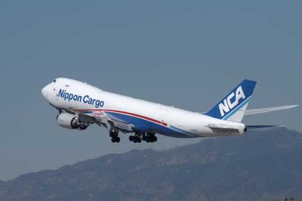 Nippon Cargo Airlines Boeing 747-BF Los Angeles, California, USA - March 5 2018: image Nippon Cargo Airlines Boeing 747-8KZF with registration JA14KZ shown airborne over LAX, Los Angeles International Airport. nippon cargo airlines photos stock pictures, royalty-free photos & images