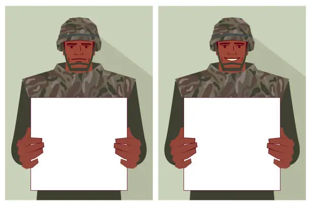 Vector illustration of An Army soldier holds a blank sign with two different emotions