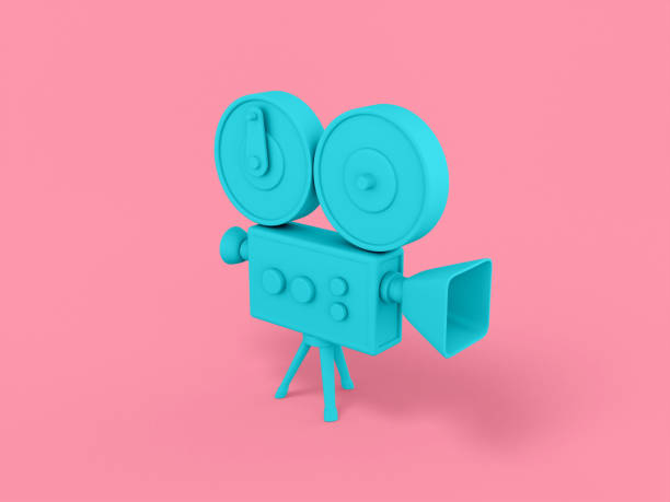 istock Blue single color retro video camera on a pink monochrome background. Minimalistic design object. 3d rendering icon ui ux interface element. 1364146693