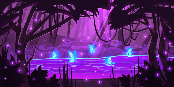 Night magic forest with glowing fireflies and butterflies over mystic purple pond under trees. Nature wood landscape with moonlight fall on water surface, scenery midnight, Cartoon vector illustration