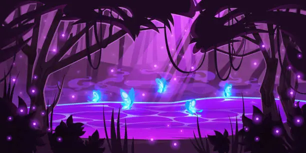 Vector illustration of Night magic forest with glowing fireflies, wood