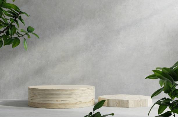 istock Wood podium on table counter with concrete grunge texture background. 1364148353