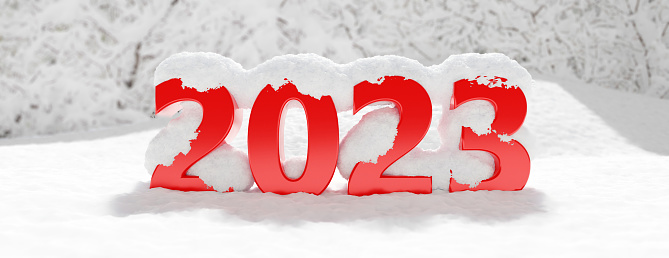 2022 new year, red color number covered with snow, white background, banner. 3d illustration