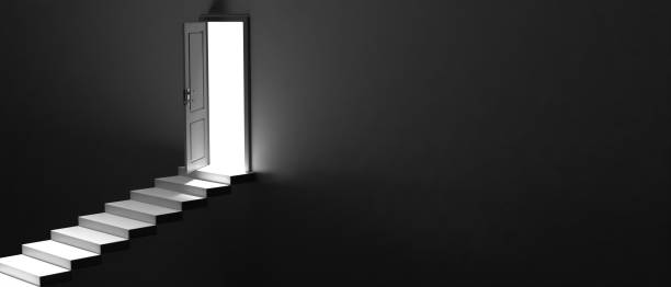 open door and light at the top of stairs. business career opportunity in the dark. 3d illustration - black ladder white staircase imagens e fotografias de stock