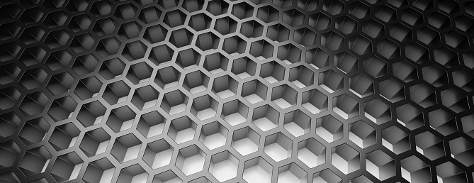 Hexagonal pattern, hexagon grid mesh, chrome honeycomb cell on white background. Geometry and technology. 3d illustration
