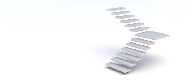 istock White flying isometric rising stair with turn white empty wall. Copy space, banner. 3d illustration 1364148446