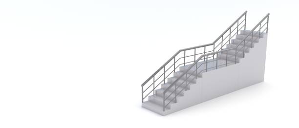 istock Stair with metal handrail isolated on white empty background. Copy space banner. 3d illustration 1364148466