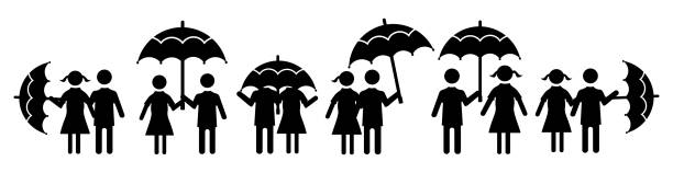ilustrações de stock, clip art, desenhos animados e ícones de male and female under the rain in different poses - protection umbrella people stick figure