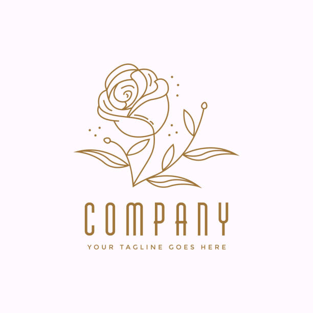 projekt ikony logo złotej róży, z rysunkiem w stylu grafiki liniowej na białym tle - design abstract petal asia stock illustrations