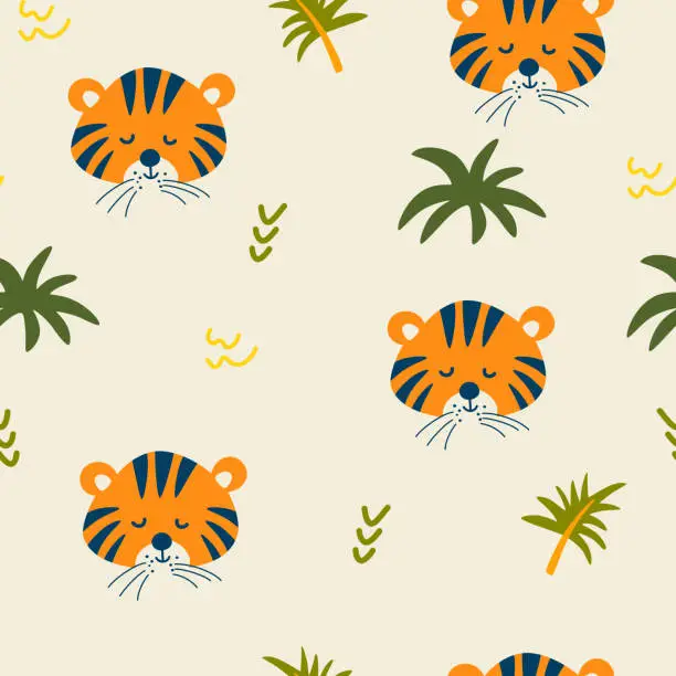 Vector illustration of Cartoon tiger seamless pattern. Muzzle of a cute tiger cub with jungle plants. Tropical Animals. Children design for fabric, print, wrapper, textile. Vector flat illustration for kids