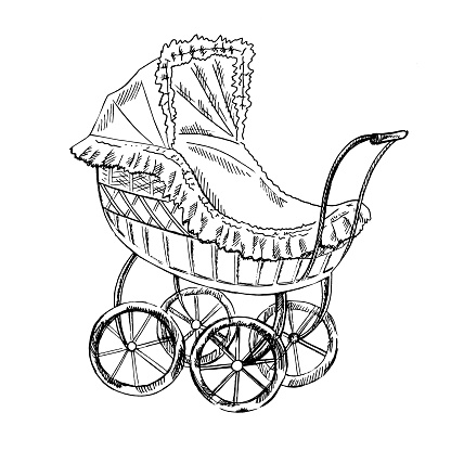 A hand-drawn ink sketch of  a vintage baby stroller. Outline on a white background, vintage vector illustration.   Vintage sketch element for labels, packaging and cards design.