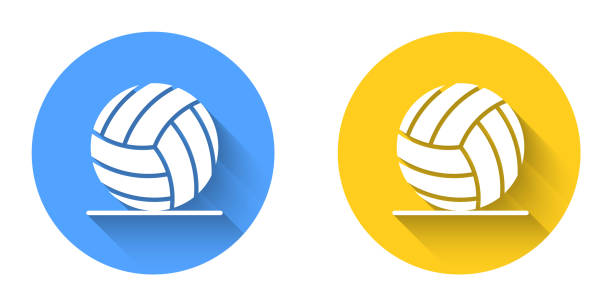 illustrations, cliparts, dessins animés et icônes de icône de balle de volleyball blanche isolée avec un long fond d’ombre. équipement sportif. bouton cercle. vecteur - volleyball silhouette volleying beach volleyball