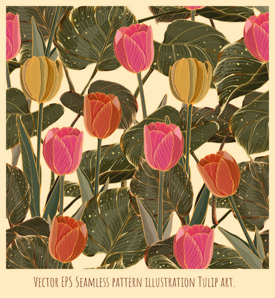 illustrations, cliparts, dessins animés et icônes de art de motif sans couture de fleurs de tulipes avec ligne dorée. - double tulip
