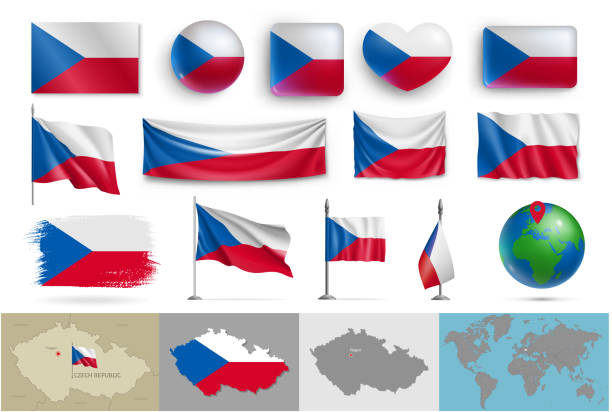 zestaw flag republiki czeskiej i mapa kraju - czech republic stock illustrations