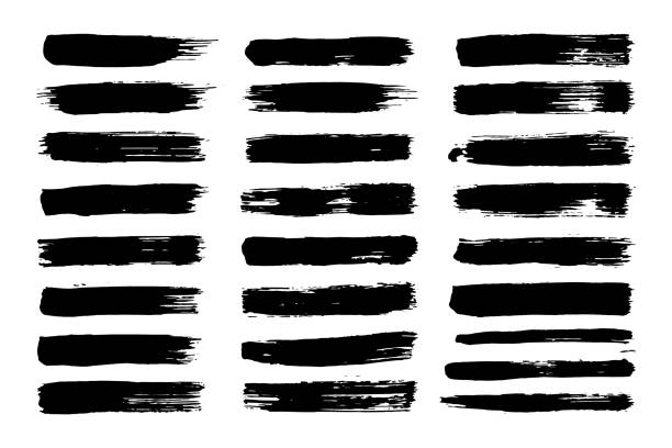 grunge handgezeichnete kalligraphie pinselstriche schwarze farbe textur set vektor illustration. - malfarbe stock-grafiken, -clipart, -cartoons und -symbole