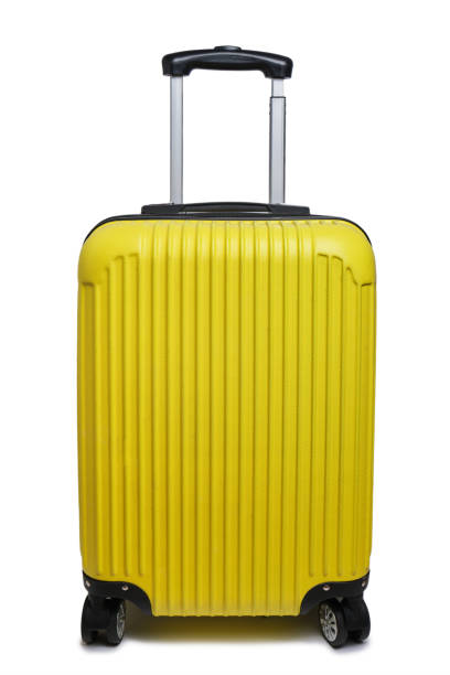 istock Yellow suitcase for traveling on wheels, white background isolate. 1364155930
