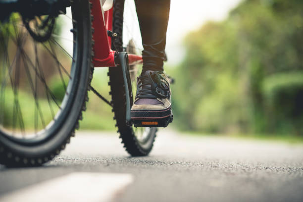 istock Riding a bike on tropical park trail 1364156189