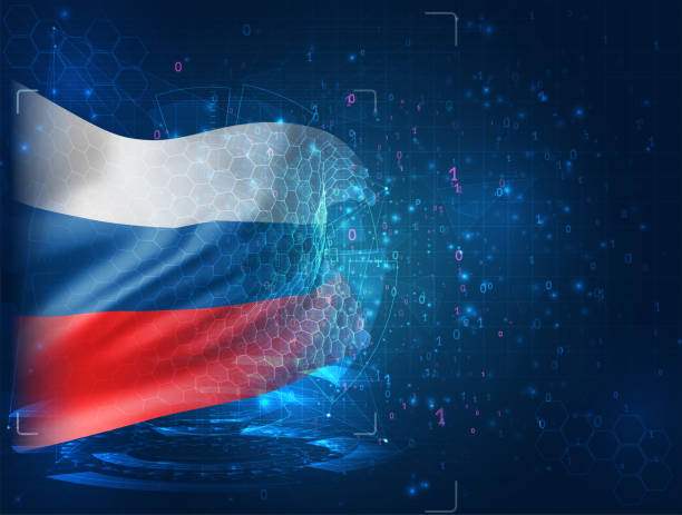 Russia, vector 3d flag on blue background with hud interfaces vector art illustration