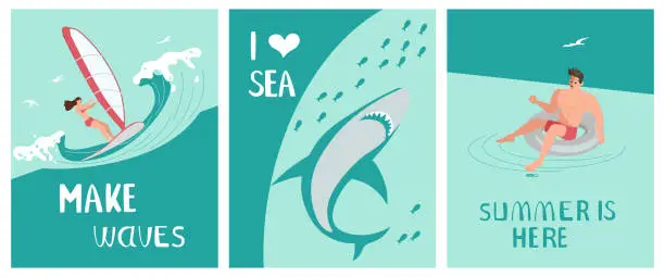 Vector illustration of Set of Postcard I love sea in a marine style