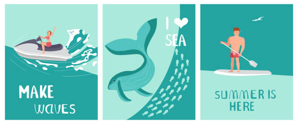 illustrations, cliparts, dessins animés et icônes de ensemble de carte postale j’aime la mer dans un style marin - aqua bike
