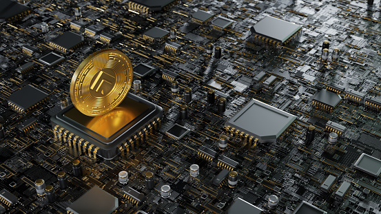 Circuit board with golden processor chip made with stylised abstract crypto coin