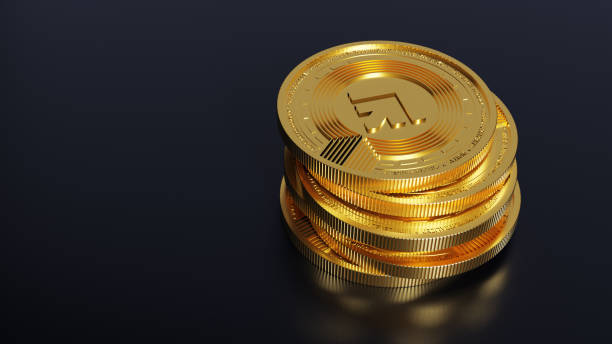 istock Stack of golden cryptocurrency coins on black background 1364157347