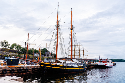 Old Wooden Sailing Ship Moored in the harbour of Oslo