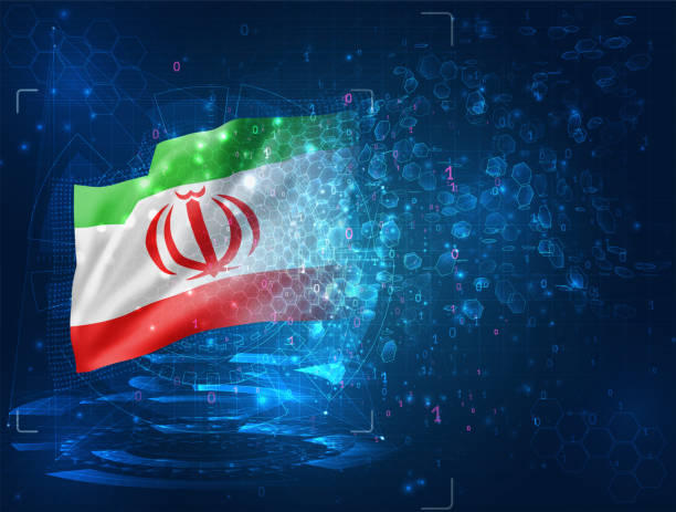 Iran, vector 3d flag on blue background with hud interfaces vector art illustration