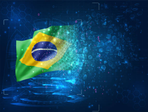 ilustrações de stock, clip art, desenhos animados e ícones de vector 3d flag on blue background with hud interfaces,  brazil - video game flash