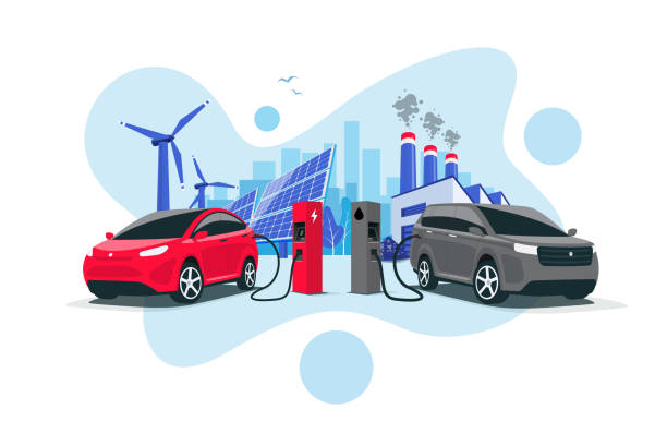 ilustrações de stock, clip art, desenhos animados e ícones de electric versus gasoline car fight comparison with renewables and fossil energy - fossil fuel fuel and power generation refueling car