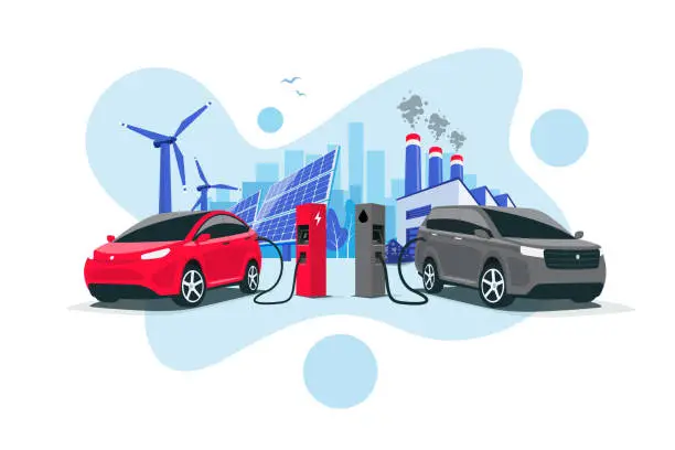 Vector illustration of Electric Versus Gasoline Car Fight Comparison with Renewables and Fossil Energy
