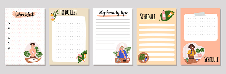 Set of beauty and makeup sheets, diary, note paper. Self Care to do list with daily beauty treatments. Flat illustrations of cosmetics and cute girls.