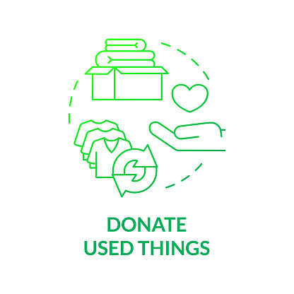 Donate used things green gradient concept icon. Reuse clothes. Minimize waste abstract idea thin line illustration. Isolated outline drawing. Roboto-Medium, Myriad Pro-Bold fonts used